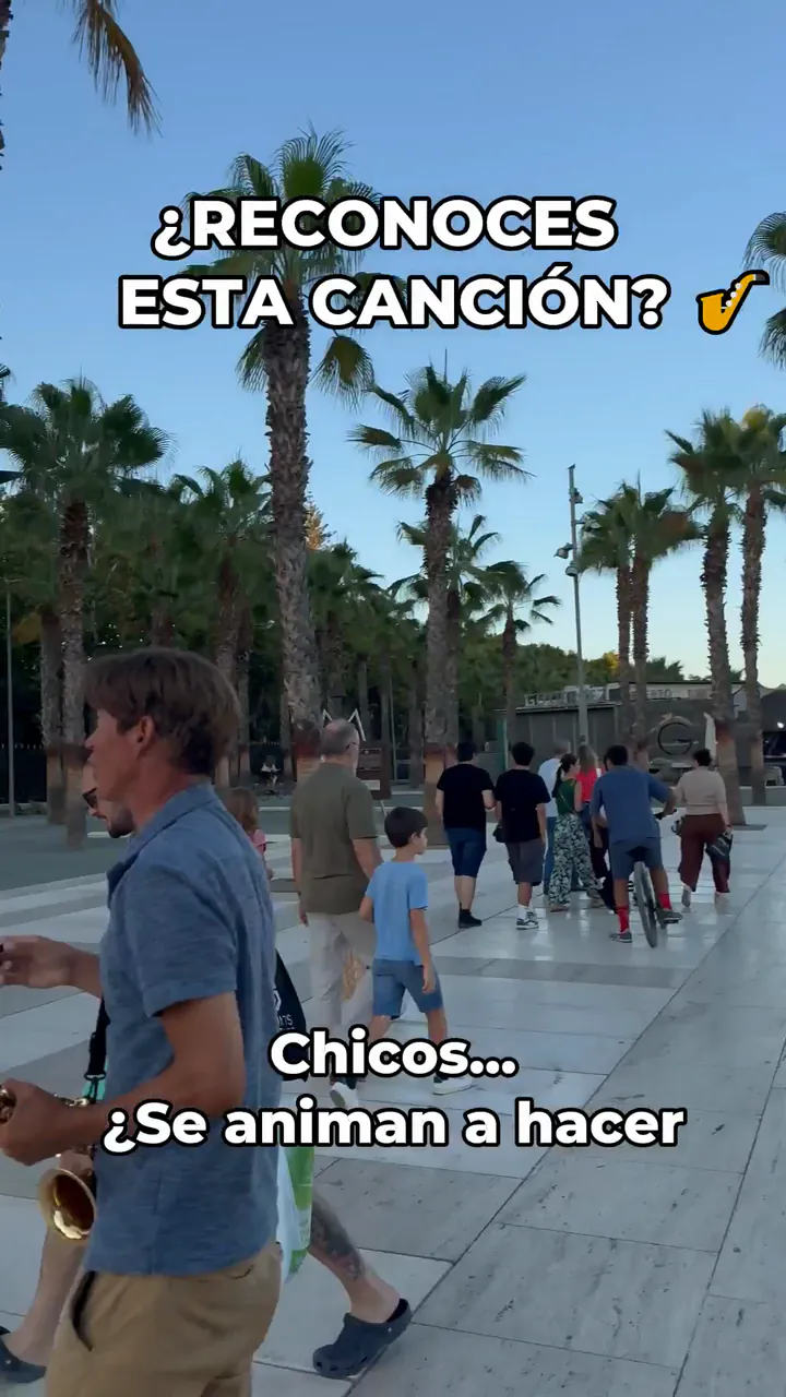 Zirano with his saxophone on a palm-lined promenade, asking people if they recognise the song